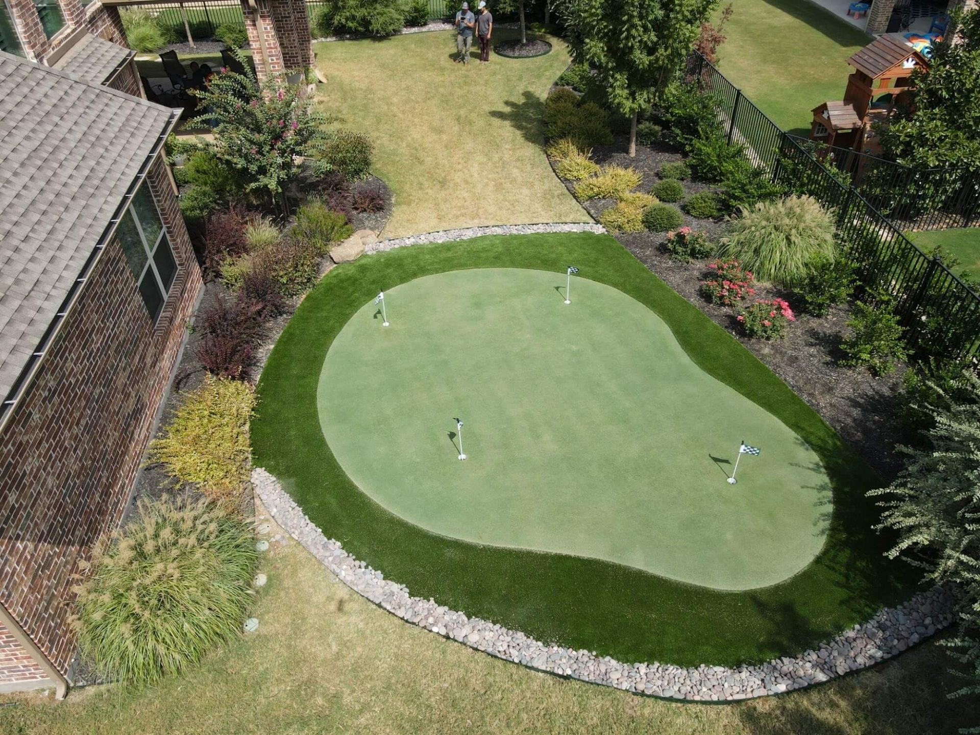 Drone shot of a Premiere Greens Backyard Putting Green