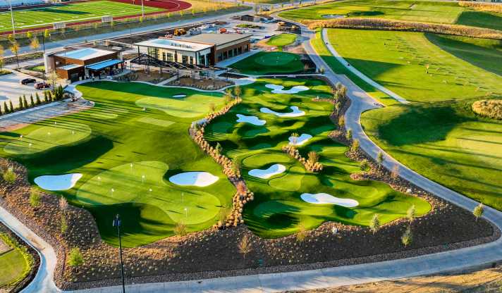 drone shot of full mini putting course from premiere greens